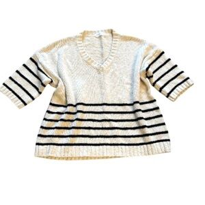 FROM PALMER High End Chic V-Neck Striped Knit Loose Fit Sweater -Cream and Black